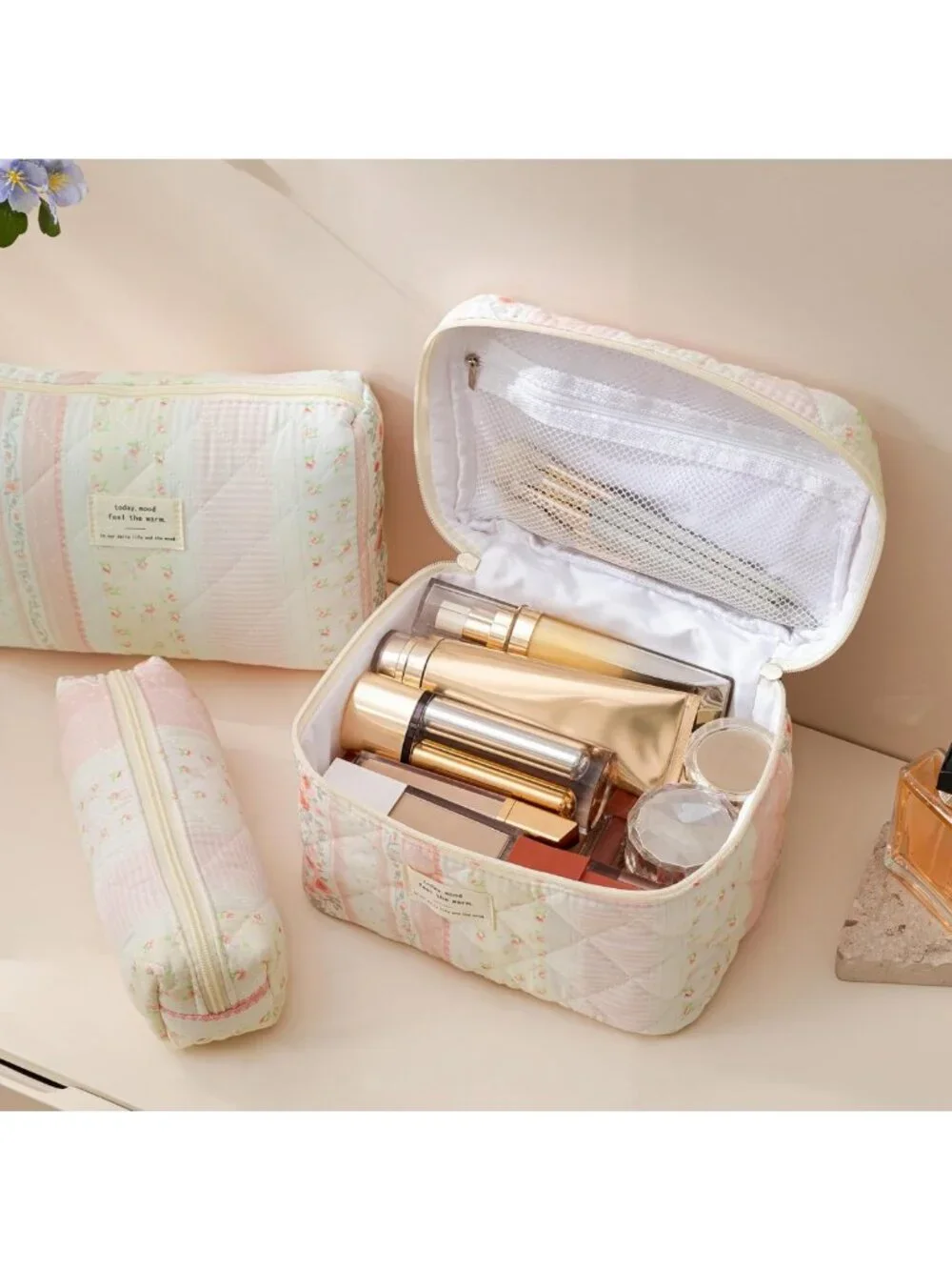 3-Piece Quilted Travel Makeup Bag Set - Large Cotton Organizer for Cosmetics